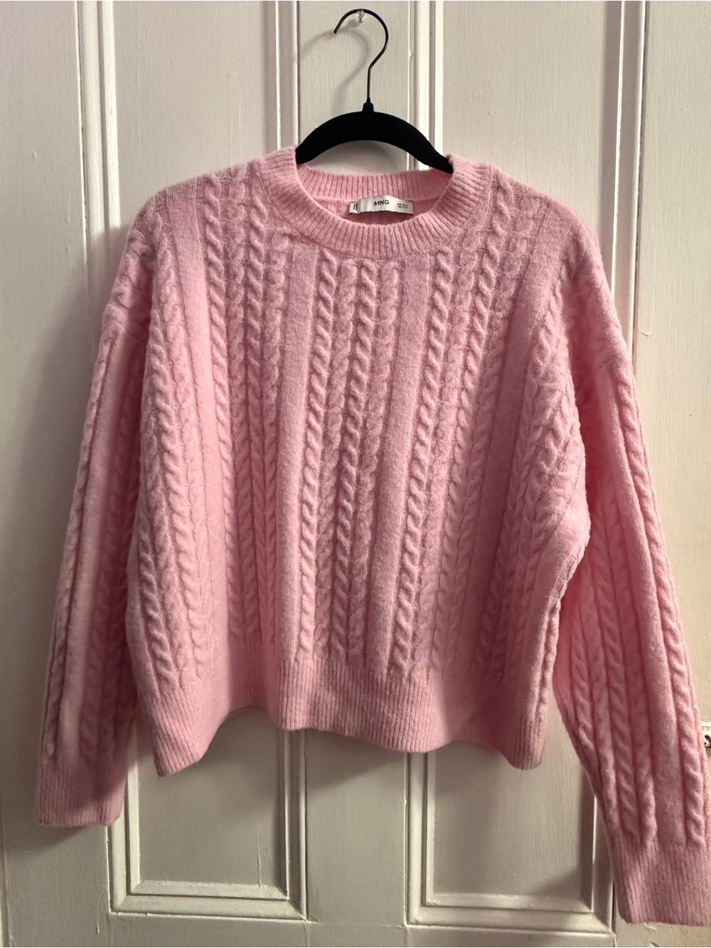 Mango Soft Pink Cable-Knit Crewneck Sweater